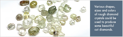 This is a picture of various shapes, sizes and colors of rough diamond crystals that could be used to produce some beautiful cut diamonds.